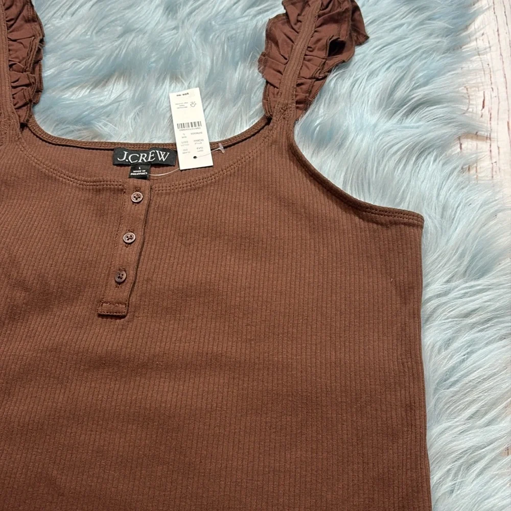J. Crew Brown Ruffled Strap Ribbed Tank Top - Picture 4 of 9